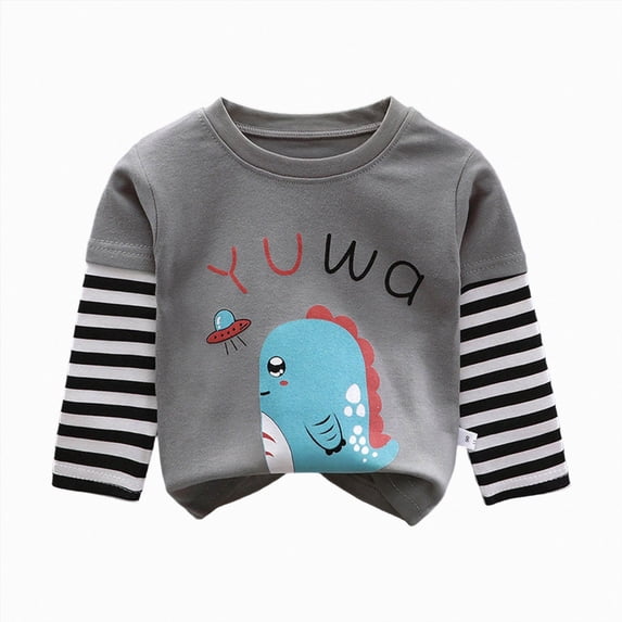 Xyant Toddler Baby Boy Embroidered Graphic Long Sleeve T-Shirt Animals Print Tops Little Kid Striped Tees (Grey,4-5 Years)