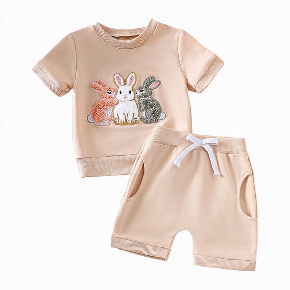 Xyant Toddler Baby Boy Girl Easter Outfit Bunny Embroidery Short Sleeve Shirt and Shorts Sets Summer Clothes (Beige,6-12 Months)