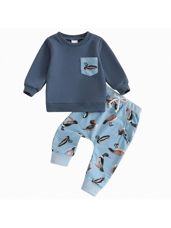 Toddler Baby Boy Hunting Camouflage Outfit Crewneck Sweatshirt Camo Patch Pocket Pants 2Pcs Fall Infant Casual Set (Blue,18-24 Months)