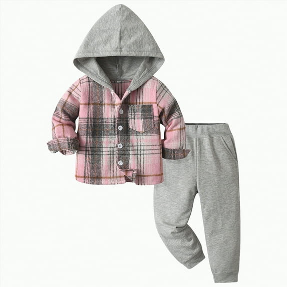 Xyant Toddler Baby Boys Clothes Plaid Flannel Button Down Long Sleeve Hooded Shirt + Sweatpants Fall Winter Outfits Set for Kids Toddler Baby (Pink,4-5 Years)