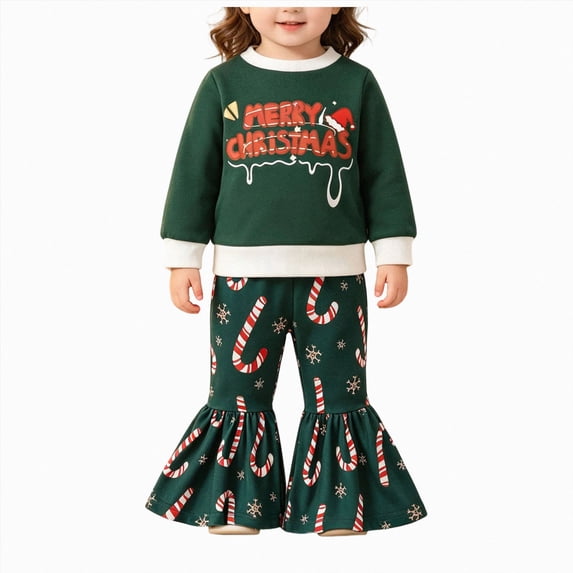 Xyant Toddler Baby Girl Christmas Outfit Long Sleeve Letter Sweatshirt Tops Bell Bottom Pants Set Christmas Baby Clothes,Size 18-24 Months