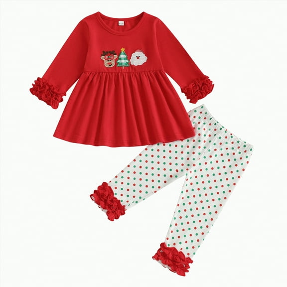 Xyant Toddler Baby Girl Christmas Outfit Santa Long Sleeve Tunic Tops Ruffle Pants Baby 2-Piece Holiday Clothes Set (Red,2-3 Years)