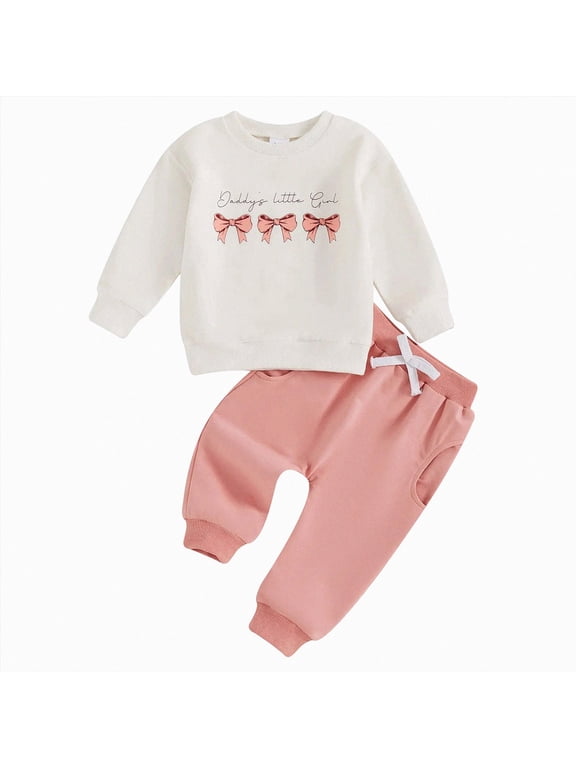 Toddler Baby Girl Clothes Bow Letter Embroidery Print Long Sleeve Crewneck Sweatshirt Pants Set Fall Winter Spring Outfits,Size 2-3 Years