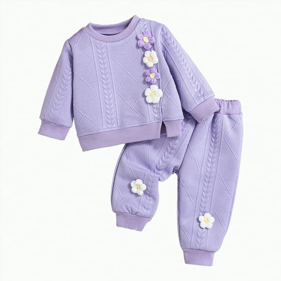 Xyant Toddler Baby Girl Clothes Cute 3D Floral Infant Long Sleeve Sweathsirt Fall Winter Outfits Kids Pullover Pants Set (Purple,12-18 Months)
