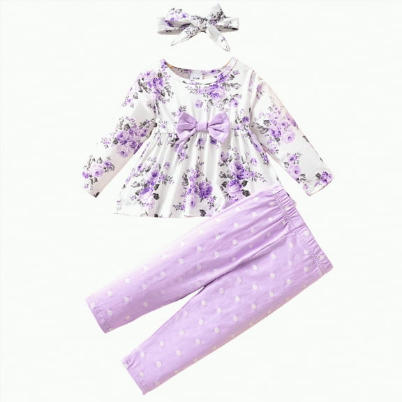 Xyant Toddler Baby Girl Clothes Cute Long Sleeve Floral Print T Shirt Ruffle Pants Headband Infant Girl 3PCS Fall Winter Outfits Set (Light Purple,2-3 Years)