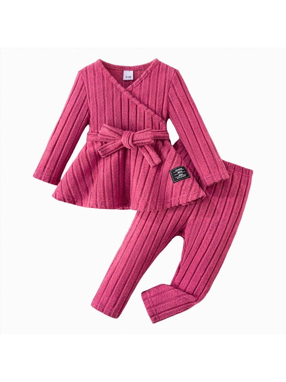Toddler Baby Girl Clothes Fall Winter Outfit Long Sleeve Knit Shirts Top with Waistband Ribbed Pants Set,Size 12-18 Months