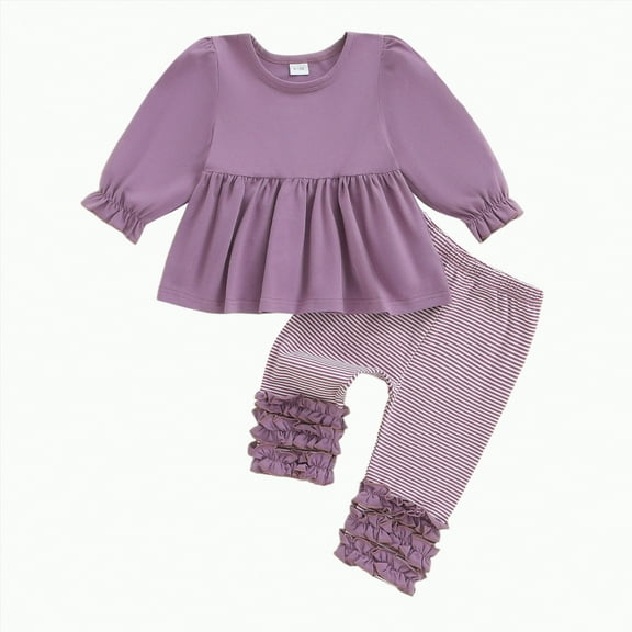 Xyant Toddler Baby Girl Clothes Fall Winter Outfit Solid Long Sleeve Sweatshirt Tunic Dress Shirt and Striped Pants Leggings Set (12-18 Months,Purple)