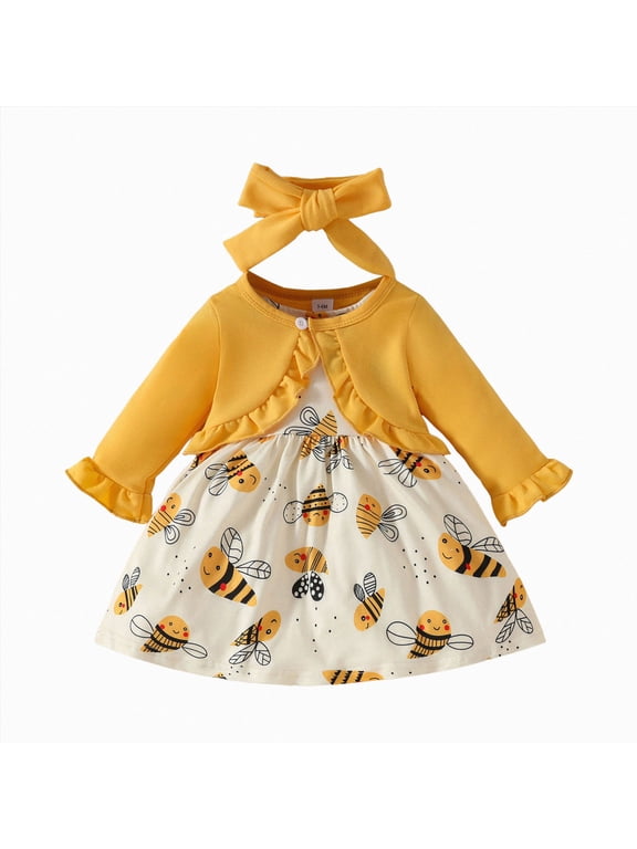 Toddler Baby Girl Clothes Fashion Outfits Sleeveless Bee Print Dress Long Sleeve Ruffle Coat Bow Headband Clothing Sets, Size 12-18 Months