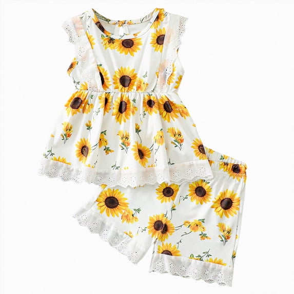 Xyant Toddler Baby Girl Clothes Knit Floral Fly Sleeve Tops Shorts Cute Summer Spring Outfits Infant Baby Girl Clothing Set (Yellow,2-3 Years)