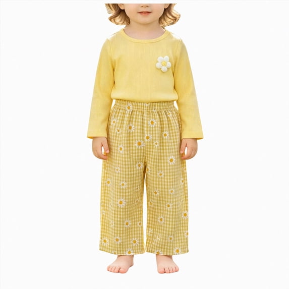 Xyant Toddler Baby Girl Clothes Long Sleeve Cotton Ribbed Top Gingham Wide Leg Pants Set 2 Pcs Fall Outfits,Size 6-9 Months
