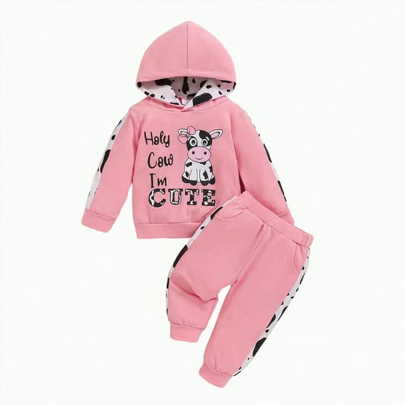 Xyant Toddler Baby Girl Clothes Long Sleeve Pullover Hooded Sweatshirt Stretch Jogger Pants Fall Winter Cow Print Outfits (Pink,12-18 Months)