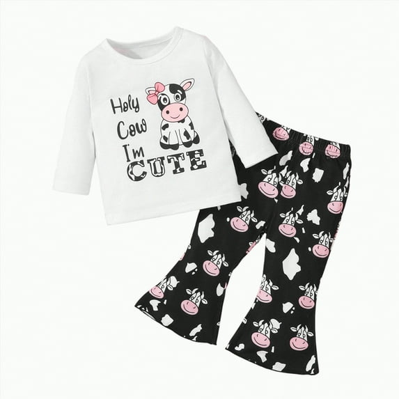 Xyant Toddler Baby Girl Clothes Long Sleeve Pullover Sweatshirt Stretch Jogger Pants Fall Winter Cow Print Outfits (White,12-18 Months)