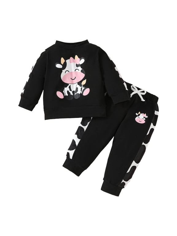 Toddler Baby Girl Clothes Long Sleeve Pullover Sweatshirt Stretch Jogger Pants Fall Winter Cow Print Outfits (Black,18-24 Months)