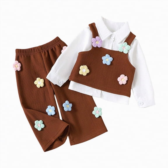 Xyant Toddler Baby Girl Clothes Outfit Long Sleeve Blouse Polo Shirt Top 3D Flower Vest Pants 3 Piece Outfits Set (Brown,6-9 Months)