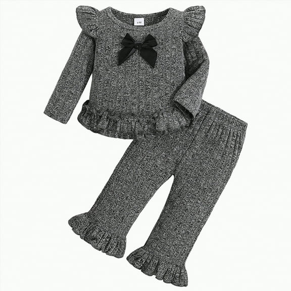 Xyant Toddler Baby Girl Clothes Solid Color Ribbed Knit Long Sleeve Ruffle Shirts Pants Cute Infant Fall Winter Outfits (Grey,18-24 Months)
