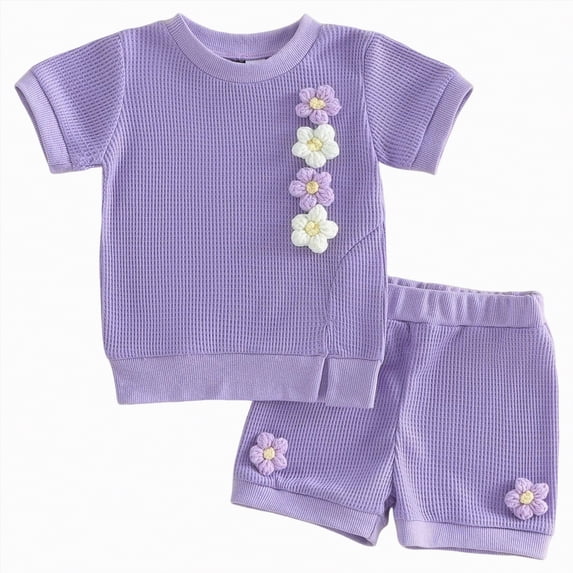 Xyant Toddler Baby Girl Clothes Summer Outfits 3D Flower Waffle Short Sleeve T-Shirt Tops and Shorts Set Infant Toddler Clothing (Purple,2-3 Years)