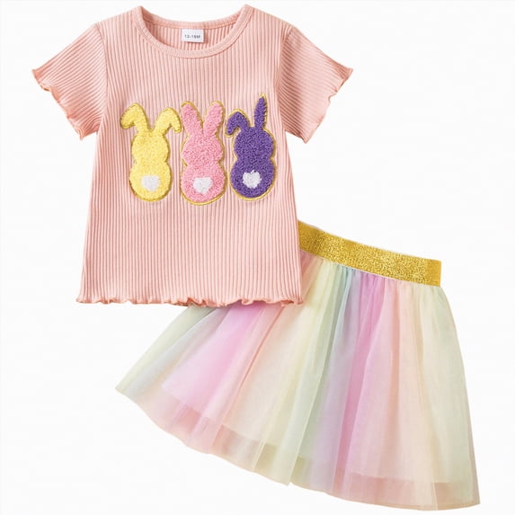 Xyant Toddler Baby Girl Easter Outfit Bunny Embroidery Short Sleeve T Shirts Tulle Skirt 2Pcs Dress Set (Pink,2-3 Years)