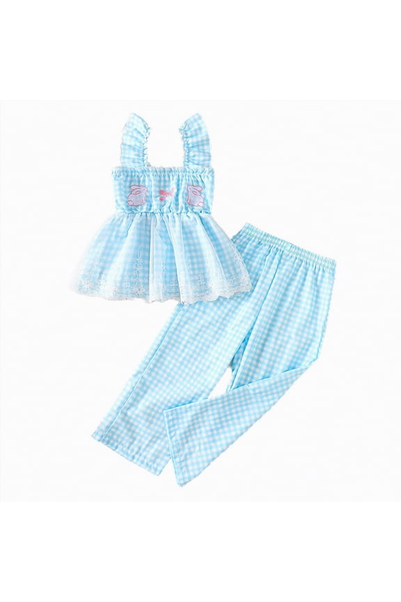 Toddler Baby Girl Easter Outfit Sleeveless Ruffles Lace Tulle Bunny Embroidery Tank Top and Pants 2Pcs Infant Newborn Clothes Set (2-3 Years,Blue)