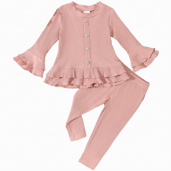 Xyant Toddler Baby Girl Fall Clothes 2 Piece Solid Color Ribbed Knit Long Sleeve Ruffles T-shirt Pants Sets Infant Cute Spring Boho Outfits (Pink,2-3 Years)