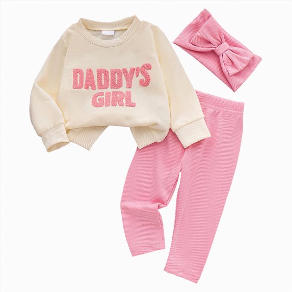 Xyant Toddler Baby Girl Fall Winter Clothes Embroidered Letter Graphic Crewneck Sweatshirt + Joggers Pants + Headband Outfits Set (2-3 Years,Pink)