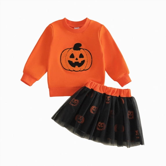 Xyant Toddler Baby Girl Halloween Outfit Long Sleeve Pumpkin/Ghost Sweatshirt Tulle Skirt Fall Clothes Set,Size 12-18 Months