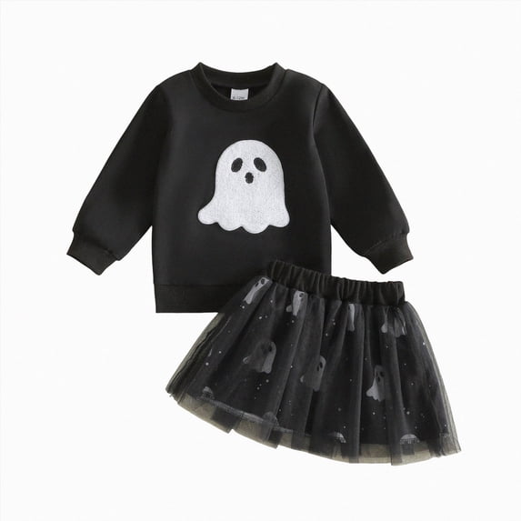 Xyant Toddler Baby Girl Halloween Outfit Long Sleeve Pumpkin/Ghost Sweatshirt Tulle Skirt Fall Clothes Set,Size 18-24 Months