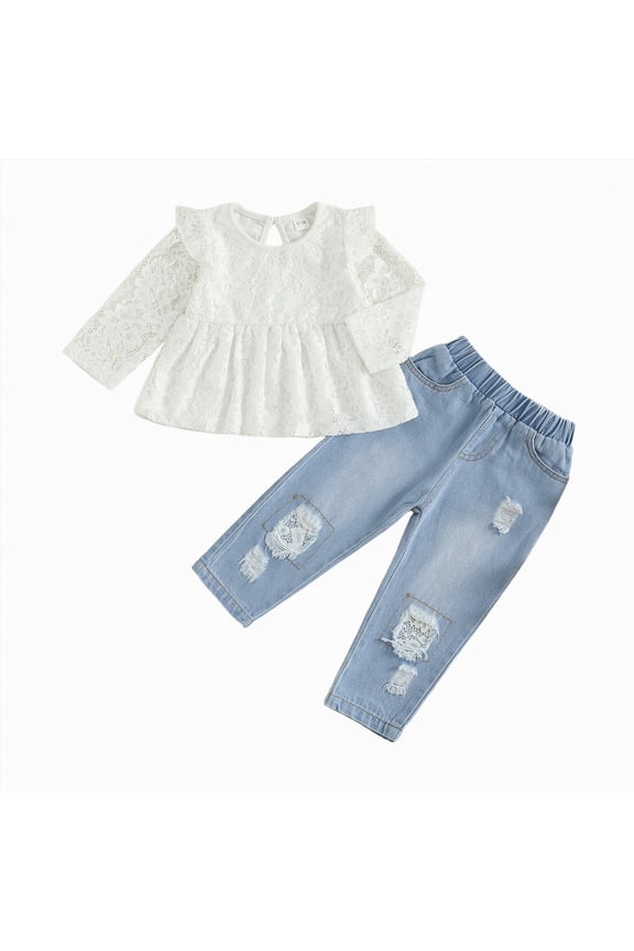 Toddler Baby Girl Outfit Crocheted Floral Top Linen Todder Clothes Tops + Tassel Denim Pants Set (White,12-18 Months)
