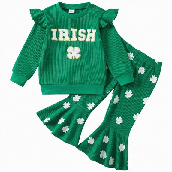 Xyant Toddler Baby Girl St Patricks Day Outfit Letter Clover Long Sleeve Sweatshirt Bell Bottom Pants Irish Clothes (Green,2-3 Years)