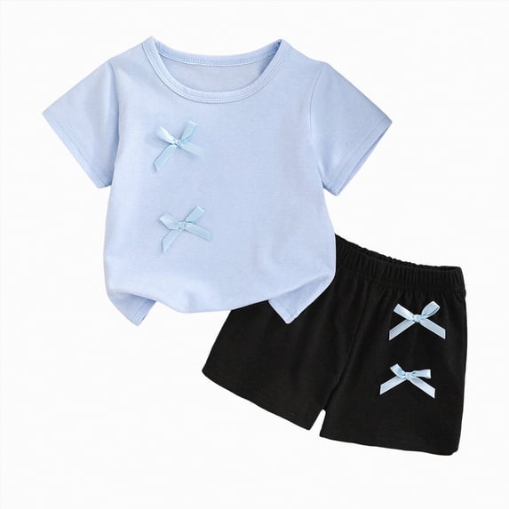 Xyant Toddler Baby Girl Summer Clothes 2 Piece Cute Outfits Bow Short Sleeve T Shirt and Shorts Sets (Light Blue,6-9 Months)