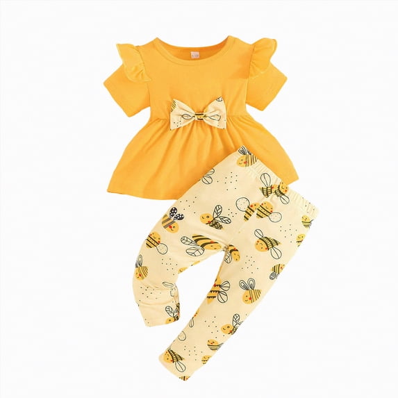 Xyant Toddler Baby Girl Summer Clothes Cotton Soft Outfits Set A-Line Ruffle Short Sleeve Top & Butterfly-Print Pants Cute Spring Home Outdoor (Yellow,18-24 Months)