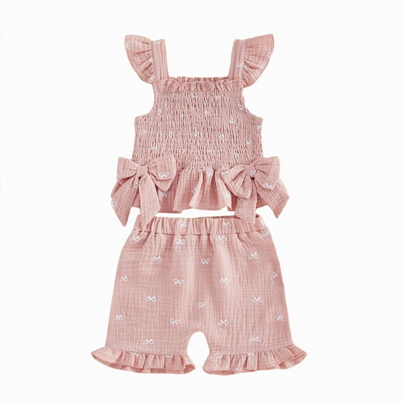 Xyant Toddler Baby Girl Summer Clothes Cute Bow Print Flying Sleeve Tops with Ruffle Shorts Sets Infant Girl 2Pcs Outfits (Pink,18-24 Months)