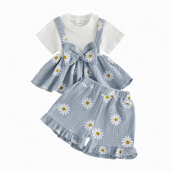 Xyant Toddler Baby Girl Summer Clothes Cute Cotton Linen Outfits Bow Short Sleeve Shirts Tops + Ruffle Shorts 2 Piece Set Infant Girl Outfits (Blue,2-3 Years)