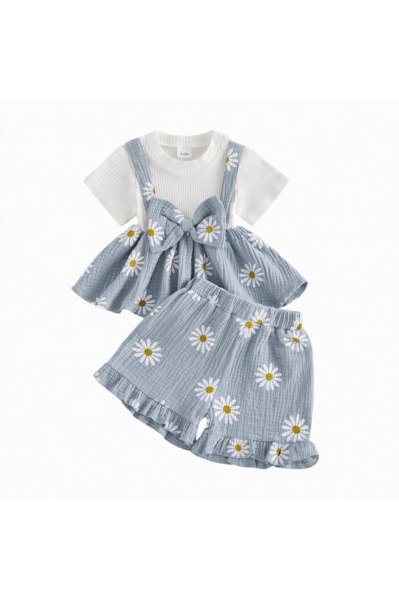 Toddler Baby Girl Summer Clothes Cute Cotton Linen Outfits Bow Short Sleeve Shirts Tops + Ruffle Shorts 2 Piece Set Infant Girl Outfits (Blue,2-3 Years)