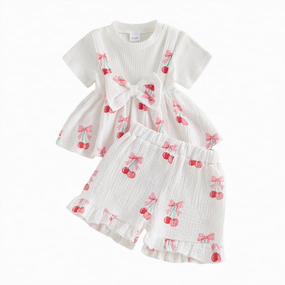 Xyant Toddler Baby Girl Summer Clothes Cute Cotton Linen Outfits Bow Short Sleeve Shirts Tops + Ruffle Shorts 2 Piece Set Infant Girl Outfits (White,6-12 Months)