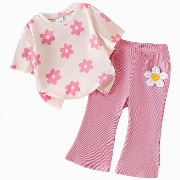 Xyant Toddler Baby Girl Summer Clothes Floral Print Outfit Short Sleeve T Shirt Top Bell Bottom Pants Two Piece Fall Spring Outfits (Pink,6-9 Months)