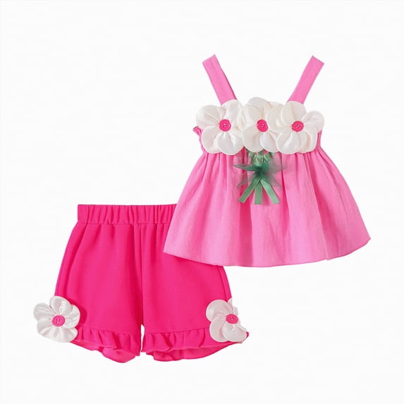 Xyant Toddler Baby Girl Summer Clothes Flower Embroidery Sleeveless Smocked Tops and Shorts Set Cute Infant Toddler Two Piece Outfit (Hot Pink,3-4 Years)