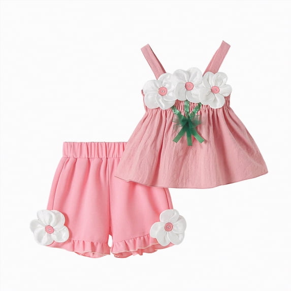 Xyant Toddler Baby Girl Summer Clothes Flower Embroidery Sleeveless Smocked Tops and Shorts Set Cute Infant Toddler Two Piece Outfit (Pink,2-3 Years)