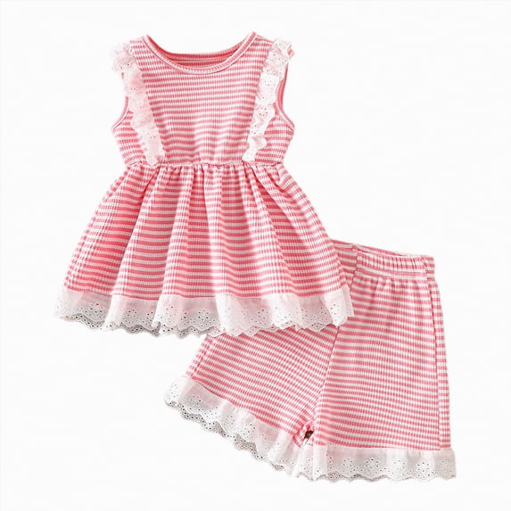 Xyant Toddler Baby Girl Summer Clothes Infant Sleeveless Tank Top Shirt Shorts Set Infant Striped Ruffles Outfits (Pink,18-24 Months)