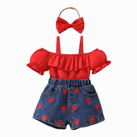 Xyant Toddler Baby Girl Summer Clothes Off Shoulder Cute Ruffle Trim Puff Sleeve Shirts Top Denim Shorts Set with Headband (Red,18-24 Months)