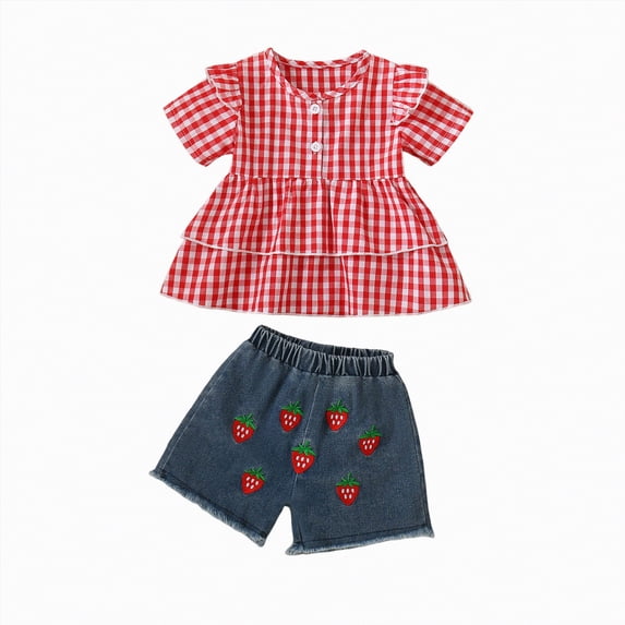 Xyant Toddler Baby Girl Summer Clothes Plaid Short Sleeve Shirts Dresses Tops Strawberry Denim Shorts Cute 2 Piece Outfits Set (Red,2-3 Years)