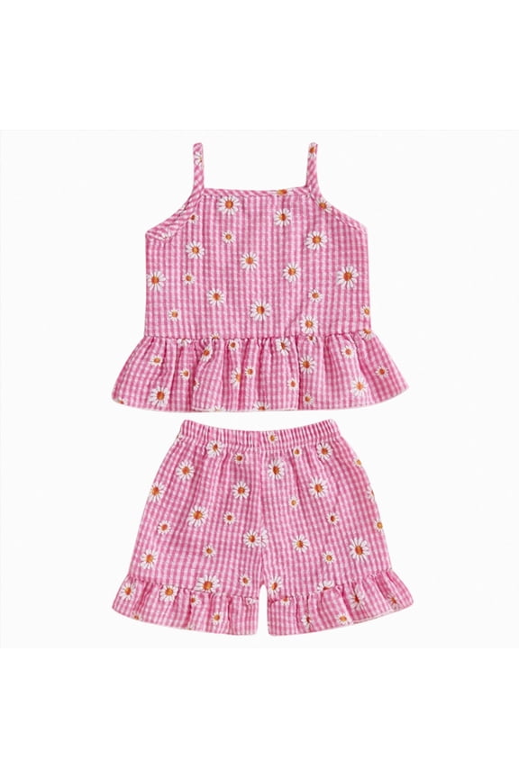 Toddler Baby Girl Summer Clothes Sleeveless Daisy Print Tank Top T-shirt Ruffle Stretch Plaid Shorts Set 6 12 18 24 Month 2T 3T 4T Cute Infant Girl Outfits (Hot Pink,2-3 Years)
