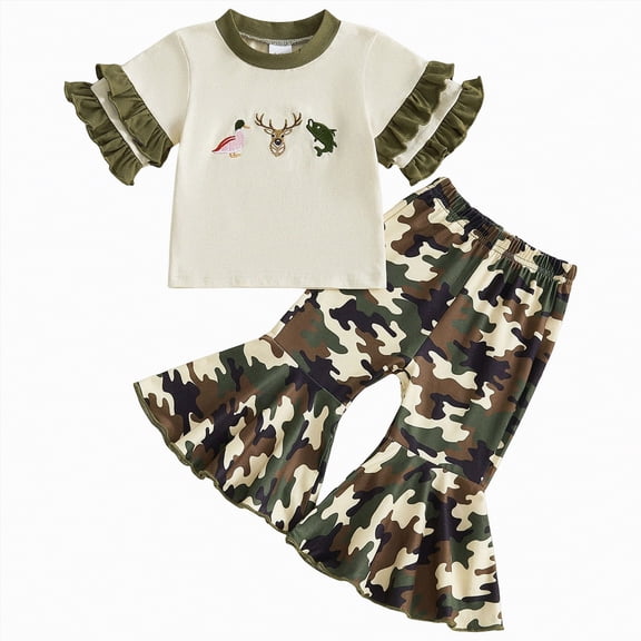 Xyant Toddler Baby Girl Summer Outfit Deer Duck Hunting Short Sleeve T-Shirt Tops Camouflage Flare Pants Infant Spring 2Pcs Clothes Set (Green,6-12 Months)
