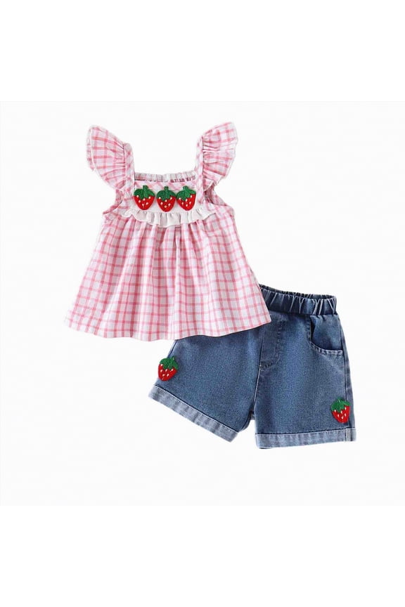 Toddler Baby Girl Summer Spring Outfit Strawberry Cherry Plaid Ruffle Sleeve Tops Denim Shorts 2 Piece Infant Toddler Clothes Set (Pink,6-12 Months)