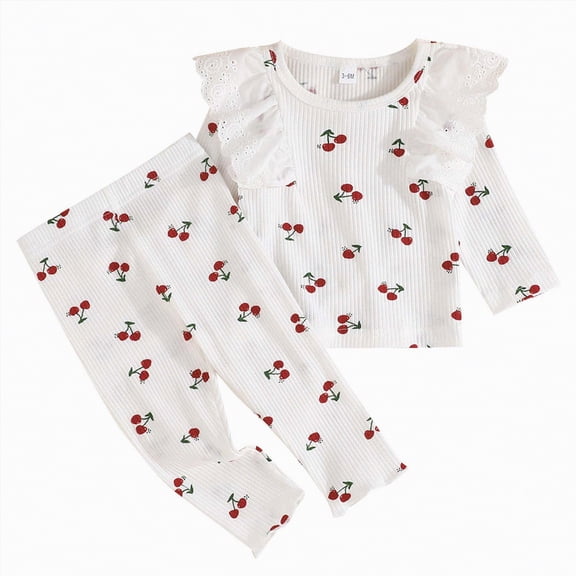 Xyant Toddler Baby Girls Cherry Print Outfits Ruffle Collar Long Sleeve Shirt Pants Clothes Casual Outfit Sunflower Baby Girl Clothes (White,2-3 Years)
