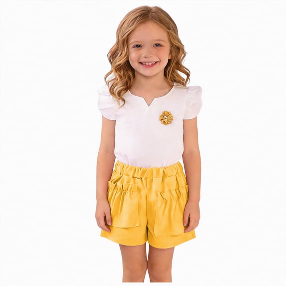 Xyant Toddler Baby Girls Clothes 2Pcs Summer Outfits Ruffle Sleeve T-shirt + Solid Shorts Cute Infant Girl Clothes Set (Yellow,18-24 Months)