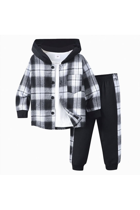 Toddler Boy Clothes Fall Winter Outfit, Boys Clothes 2T 3T 4T 5T 2 Piece Plaid Hooded Button Top Pants Set for Toddler Little Kids 2-7 Years