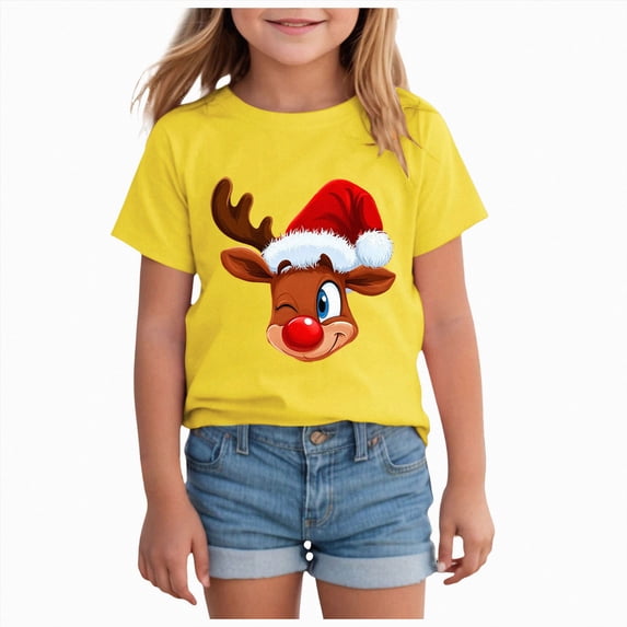 Xyant Toddler Christmas Shirt Boy Girl Reindeer Print Short Sleeve Graphic T-Shirt Kids Funny Xmas Holiday Tee Tops, Size 1-2 Years