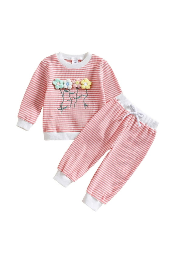Toddler Clothes for Girls Baby 3D Flower Fall Winter Outfits Stripes Sweatshirt Pullover Cute Pants Set Baby Girls' Clothing (Pink,2-3 Years)
