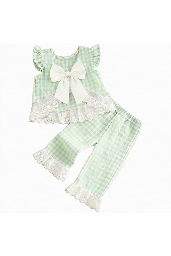 Toddler Girl Clothes Baby Summer Outfits Plaid Ruffle Sleeveless Bow Lace Vest Tank Tops Pants Set (Light Green,12-18 Months）