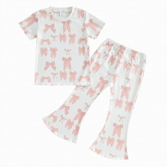 Xyant Toddler Girl Clothes Summer Cute Outfits Bow Print Short Sleeve T Shirt Tops Bell Bottom Pant Little Girls Spring Outfit (Red,2-3 Years)